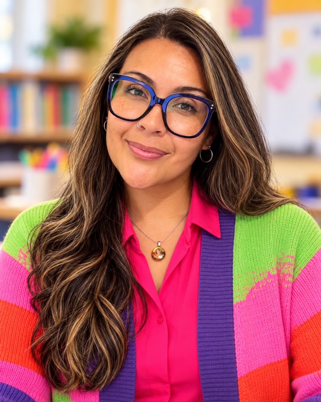 Karen Díaz sonríe; tiene cabello largo y gafas y lleva una blusa rosa con un cárdigan de colores.
