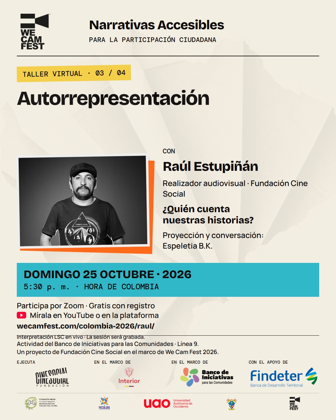 Invitación a Autorrepresentación, con Raúl Estupiñán, domingo 25 octubre de 2026, 5:30 p. m., hora Colombia. Registro gratuito e interpretación LSC en vivo.